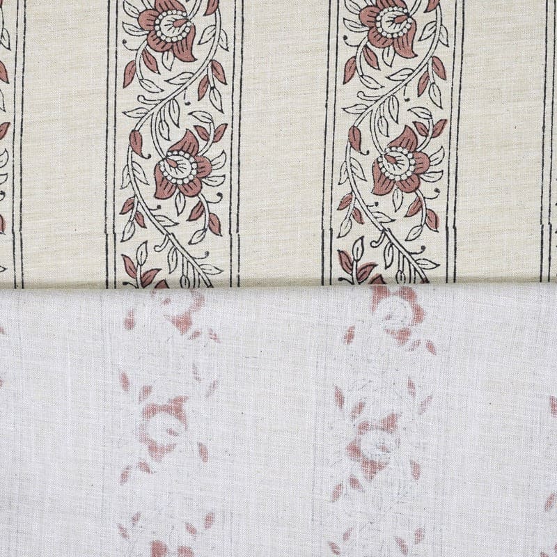 Artisanal Block Print Floral Linen Blend Fabric - Baghbuta Border