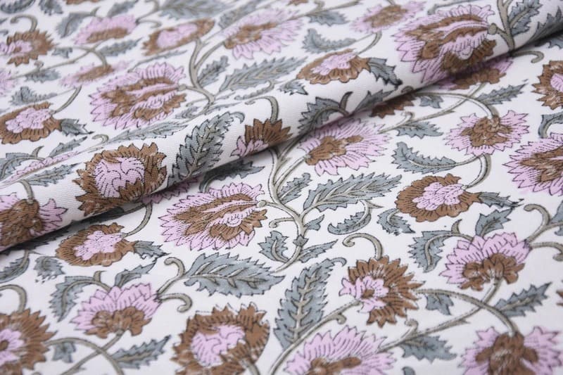 Hand Block Print Pink & Brown Fabric For Curtain  – Mandakni