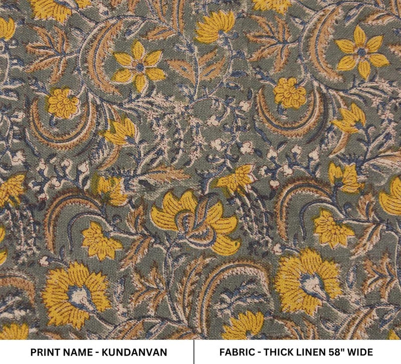 Artisan Hand Block Print Mustard Linen Fabric - Kundanvan