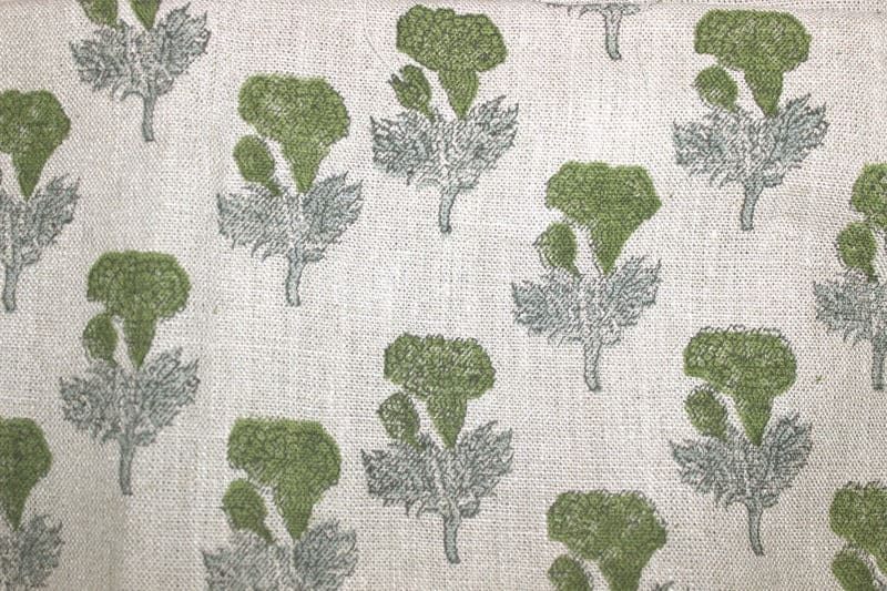 Artistic Block Print Beige Floral Thick Linen Fabric - Manmohan