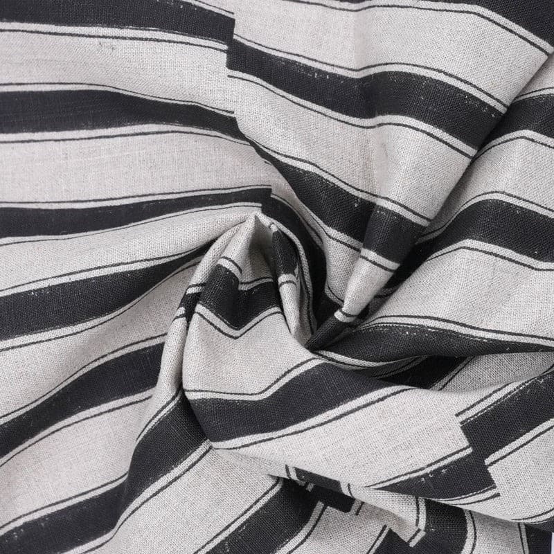 Hand Block Print Black Stripe Pure Linen Boho Fabric - Lekh Design
