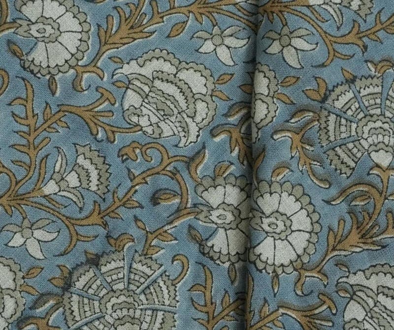 Block Print Blue & Brown Floral Linen Fabric – Sonakshi