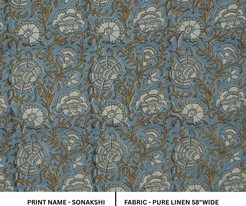 Block Print Blue & Brown Floral Linen Fabric – Sonakshi