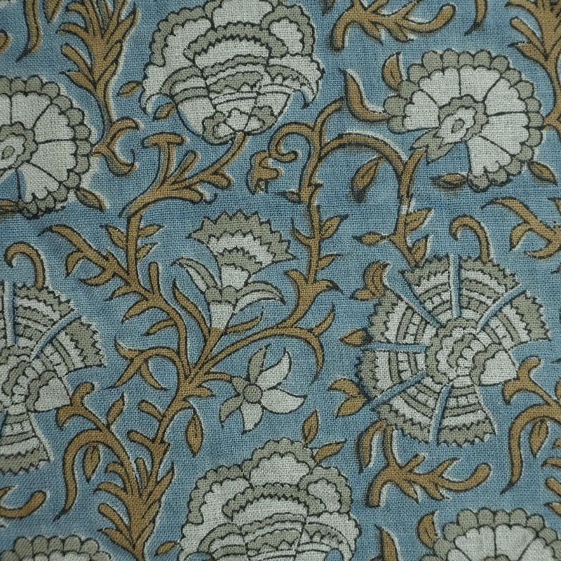 Block Print Blue & Brown Floral Linen Fabric – Sonakshi