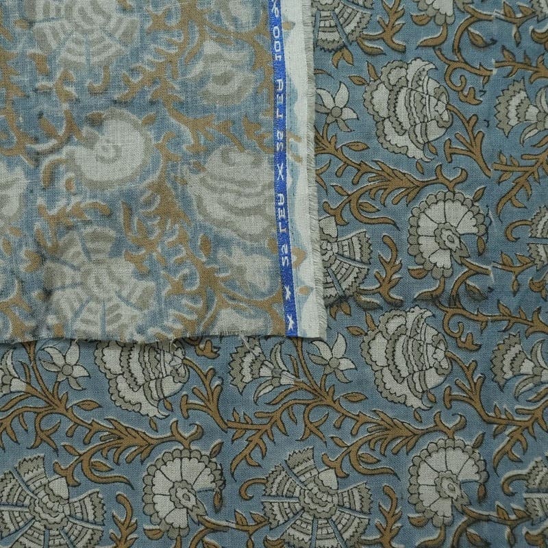 Block Print Blue & Brown Floral Linen Fabric – Sonakshi