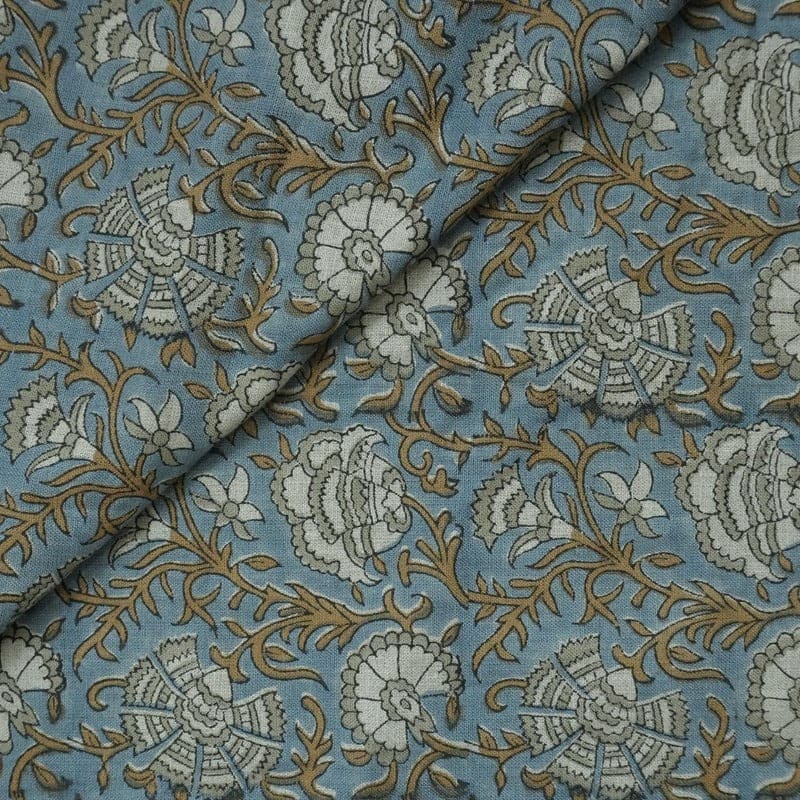 Block Print Blue & Brown Floral Linen Fabric – Sonakshi