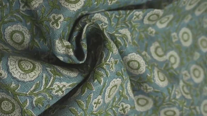 Block Print Brown Fabric Linen Green Floral Decor - Kashi