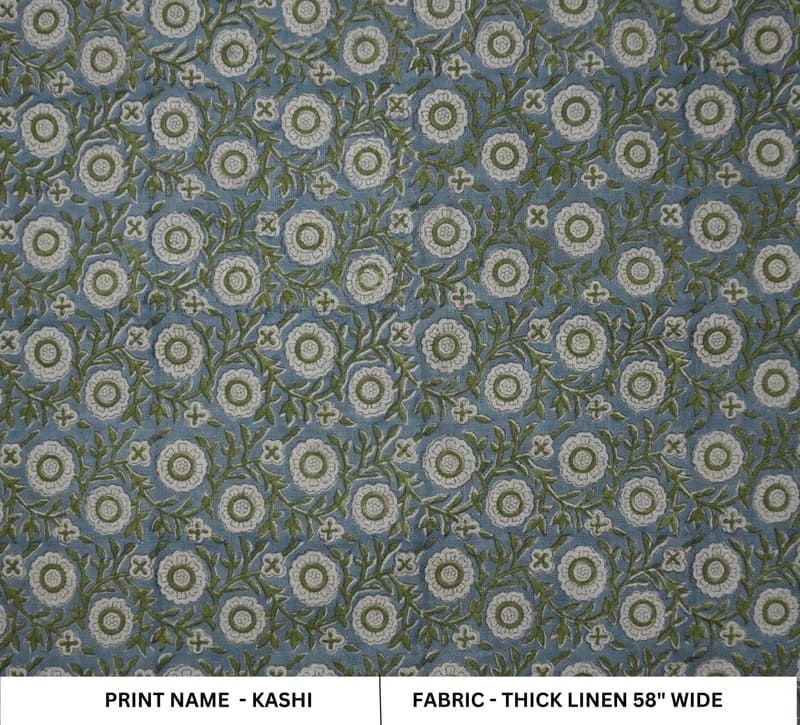 Block Print Brown Fabric Linen Green Floral Decor - Kashi