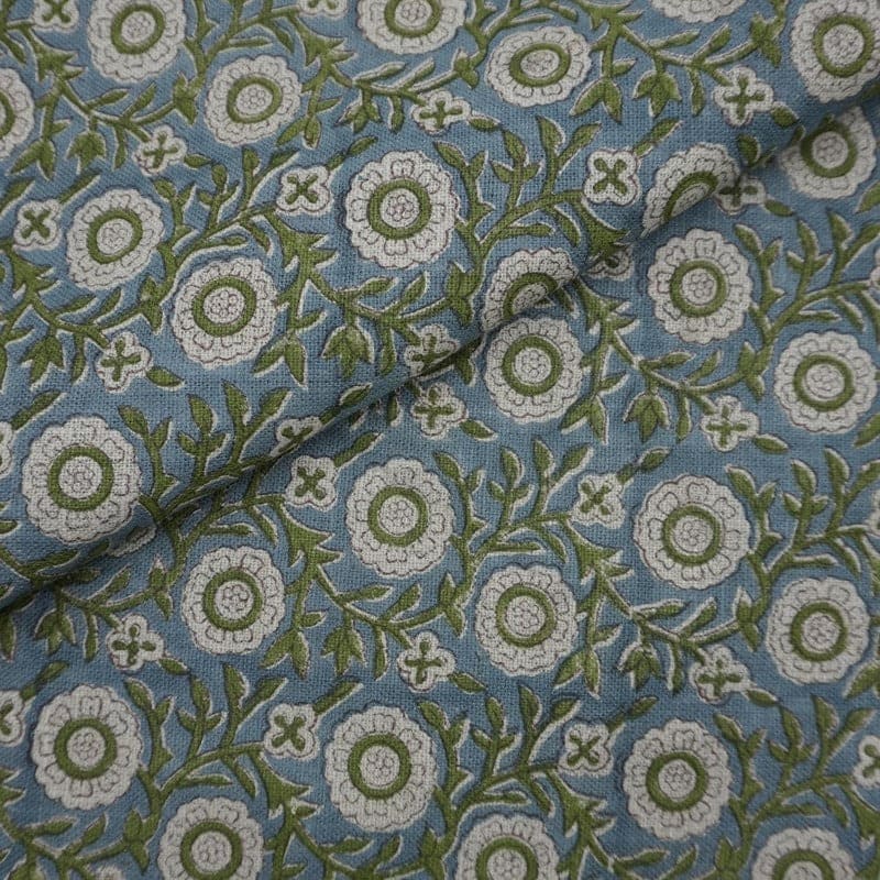Block Print Brown Fabric Linen Green Floral Decor - Kashi