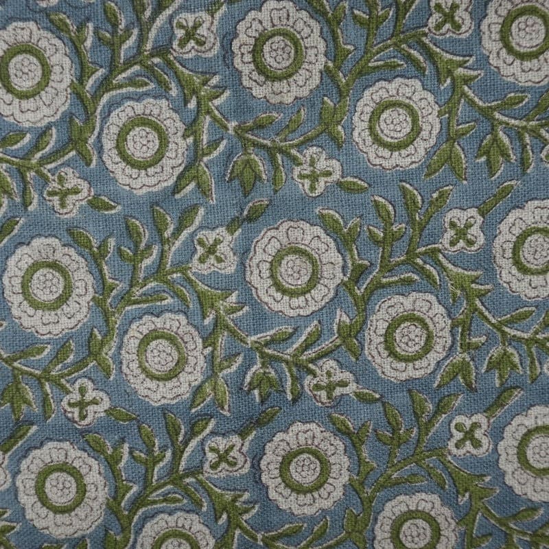 Block Print Brown Fabric Linen Green Floral Decor - Kashi
