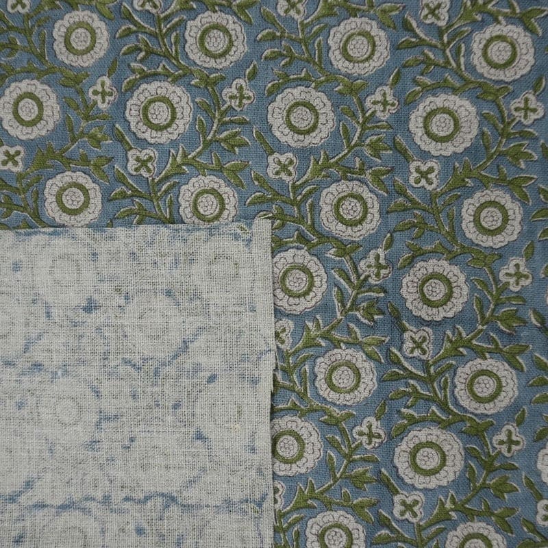 Block Print Brown Fabric Linen Green Floral Decor - Kashi