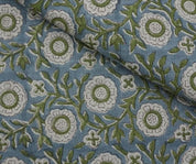 Block Print Brown Fabric Linen Green Floral Decor - Kashi