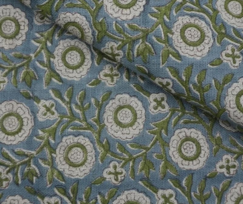 Block Print Brown Fabric Linen Green Floral Decor - Kashi
