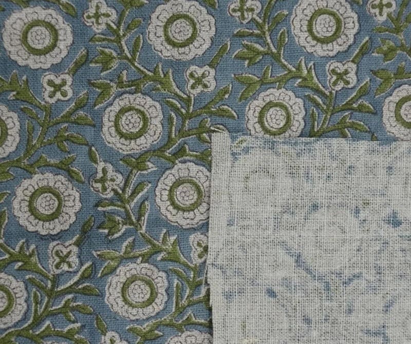 Block Print Brown Fabric Linen Green Floral Decor - Kashi