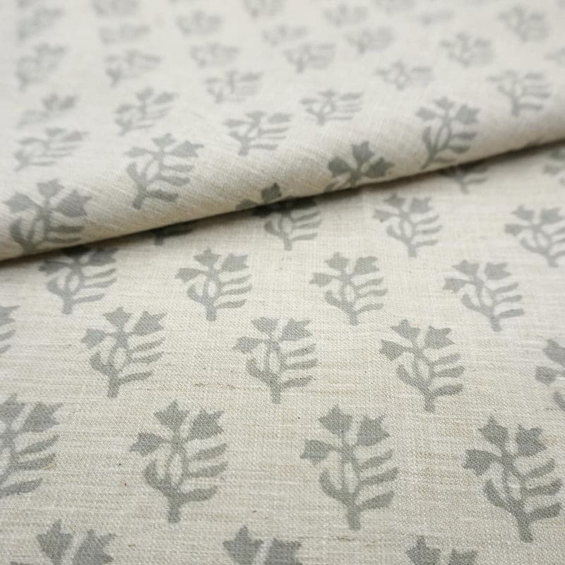 Block Printed Gray Linen Cushion Fabric - Pudina
