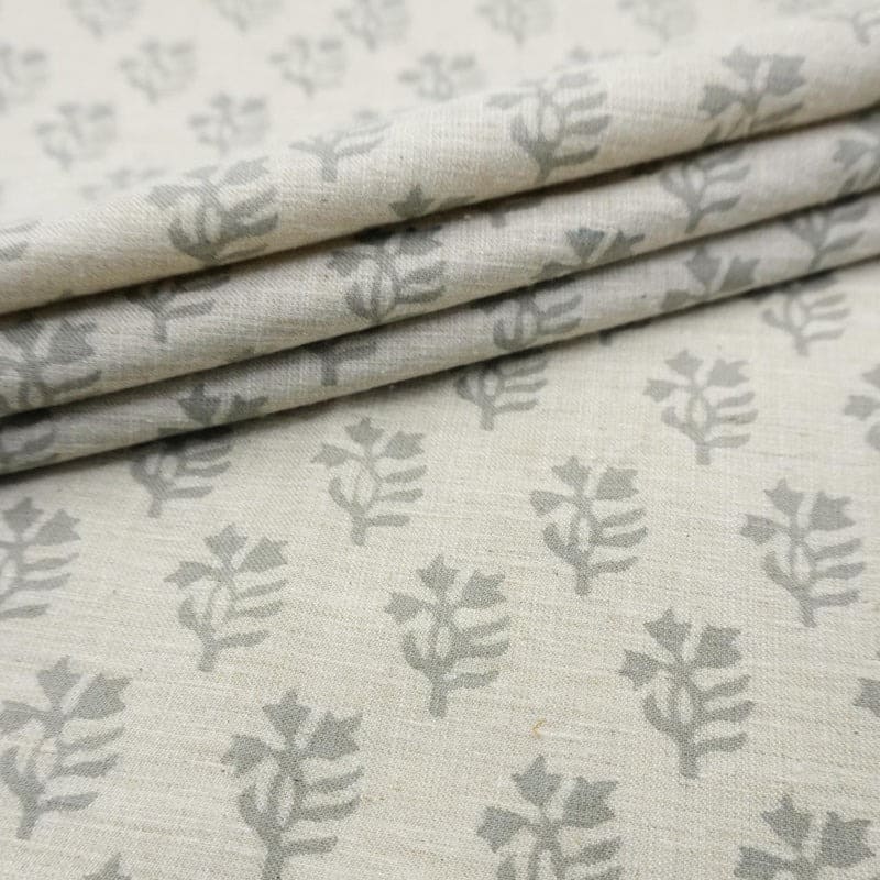 Block Printed Gray Linen Cushion Fabric - Pudina