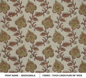 Block Printed Green & Brown Linen Fabric - Madhubala