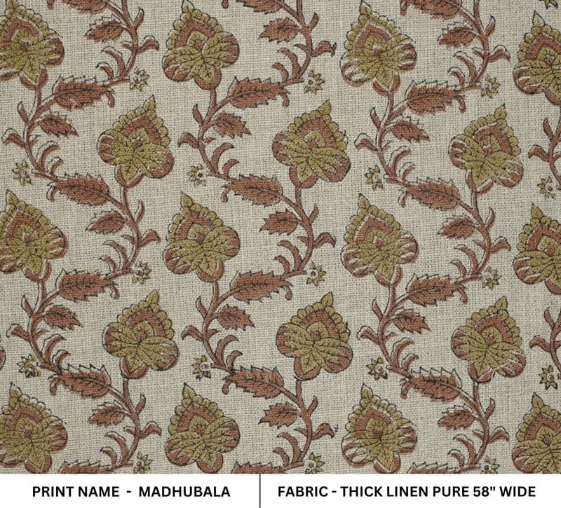 Block Printed Green & Brown Linen Fabric - Madhubala