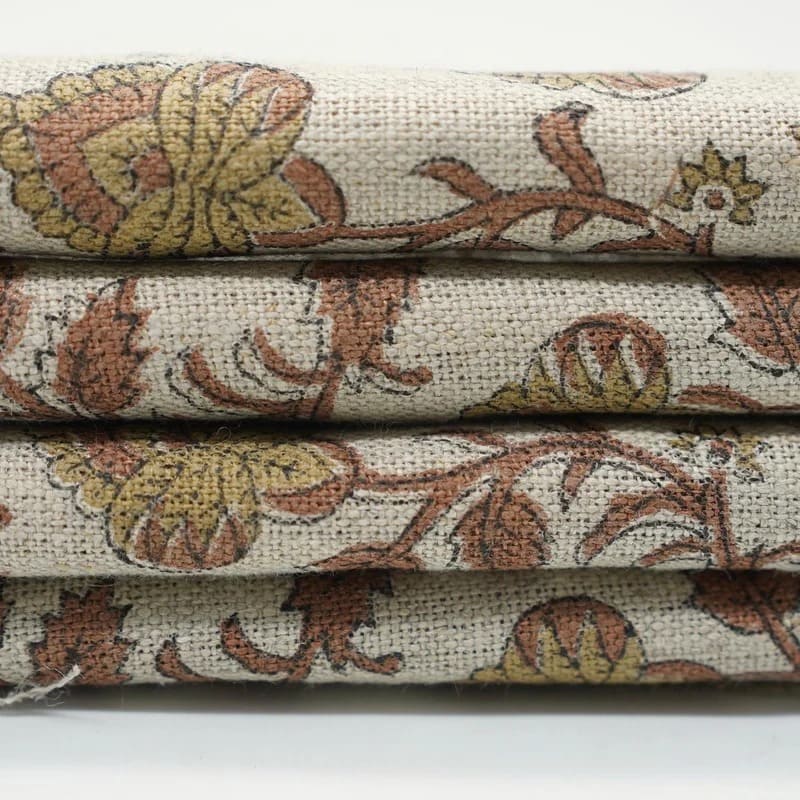 Block Printed Green & Brown Linen Fabric - Madhubala