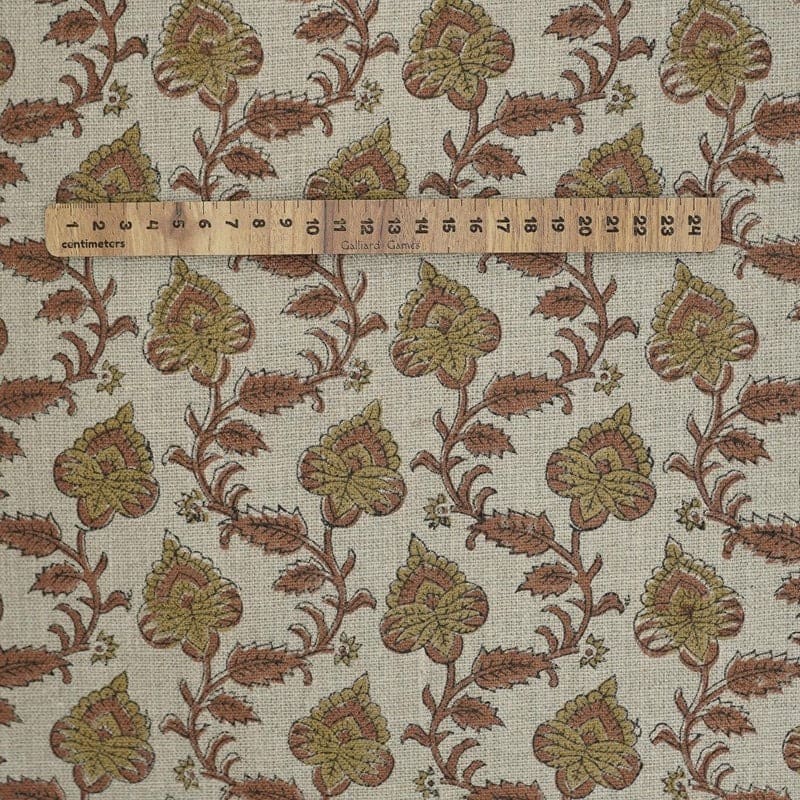 Block Printed Green & Brown Linen Fabric - Madhubala
