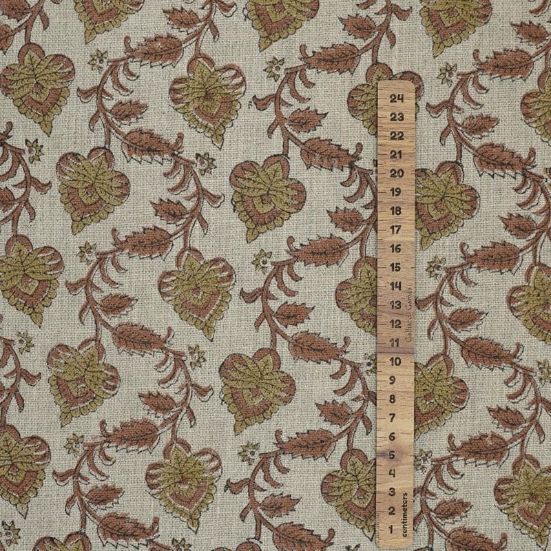 Block Printed Green & Brown Linen Fabric - Madhubala