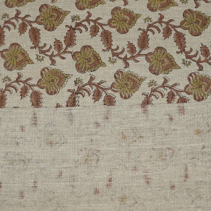 Block Printed Green & Brown Linen Fabric - Madhubala
