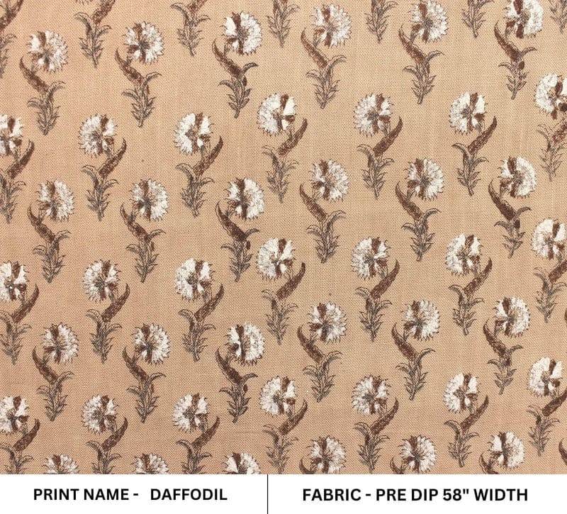 Hand Block Printed Brown & Dark Fabric for Farmhouse Decor - Daffodil