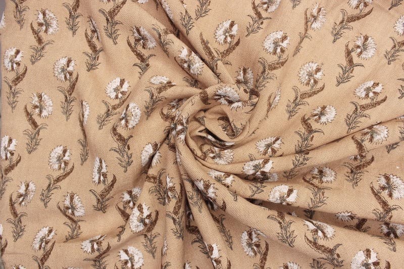 Hand Block Printed Brown & Dark Fabric for Farmhouse Decor - Daffodil