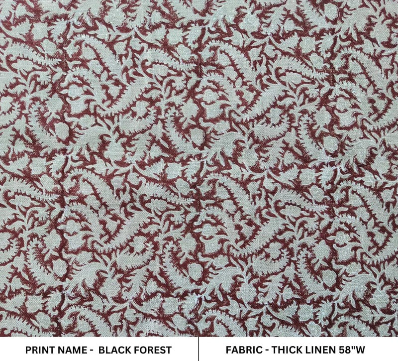 Handmade Block Print Thick linen Fabric For Pillow Cover - Black Forest