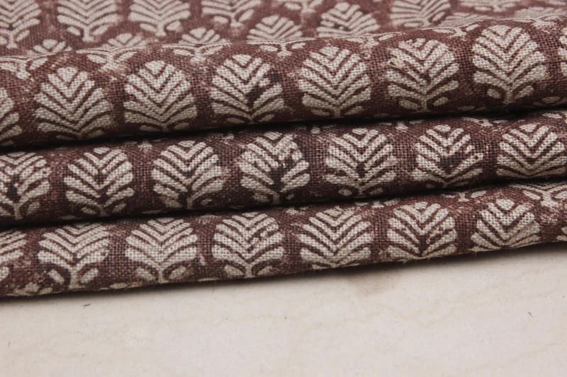 Block Print Indian Linen Fabric Brown Leaves - Sangmarmar