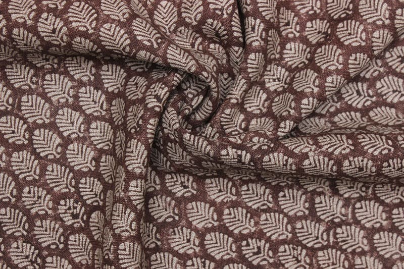Block Print Indian Linen Fabric Brown Leaves - Sangmarmar