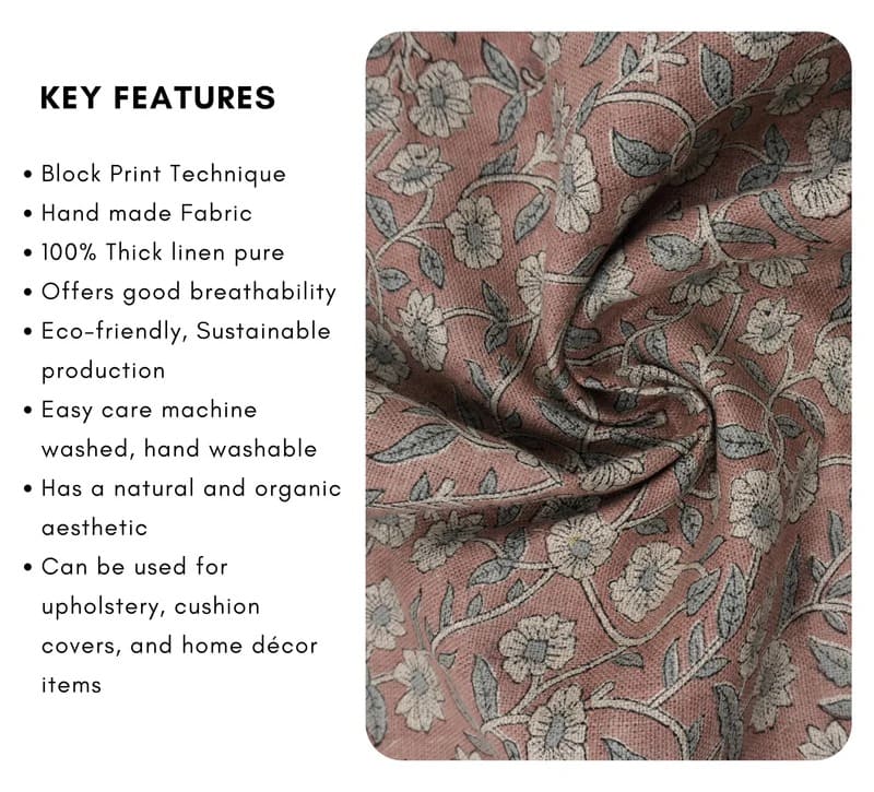 Block Print Linen Copper Rose Floral Fabric Drapery - Haridwar