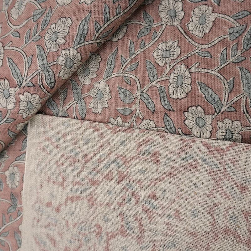 Block Print Linen Copper Rose Floral Fabric Drapery - Haridwar