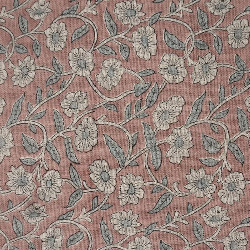 Block Print Linen Copper Rose Floral Fabric Drapery - Haridwar