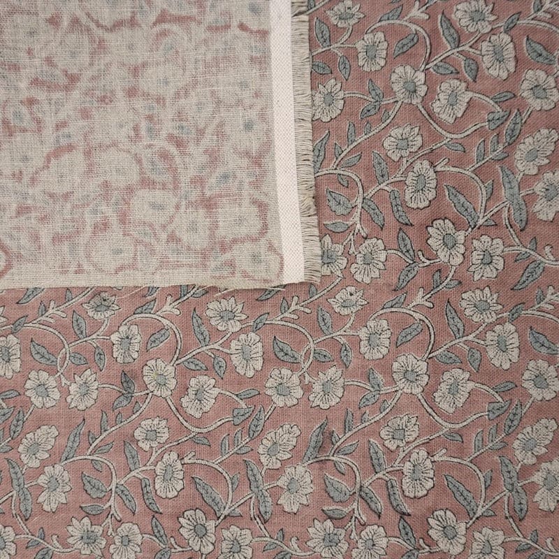 Block Print Linen Copper Rose Floral Fabric Drapery - Haridwar