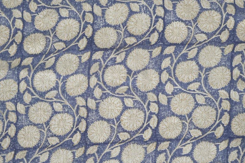 Block Print Blue Green Floral Thick Linen Fabric - Sudarshan Jaal