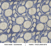 Block Print Blue Green Floral Thick Linen Fabric - Sudarshan Jaal