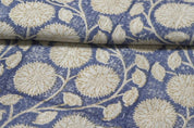Block Print Blue Green Floral Thick Linen Fabric - Sudarshan Jaal
