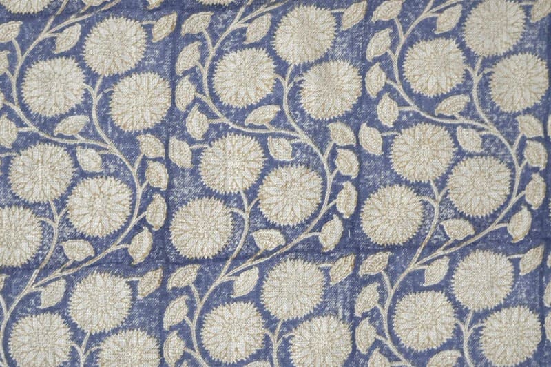 Block Print Blue Green Floral Thick Linen Fabric - Sudarshan Jaal