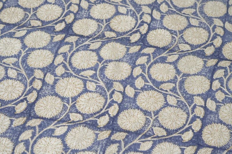Block Print Blue Green Floral Thick Linen Fabric - Sudarshan Jaal