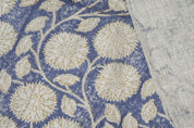 Block Print Blue Green Floral Thick Linen Fabric - Sudarshan Jaal