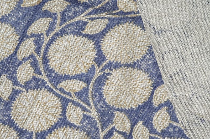 Block Print Blue Green Floral Thick Linen Fabric - Sudarshan Jaal