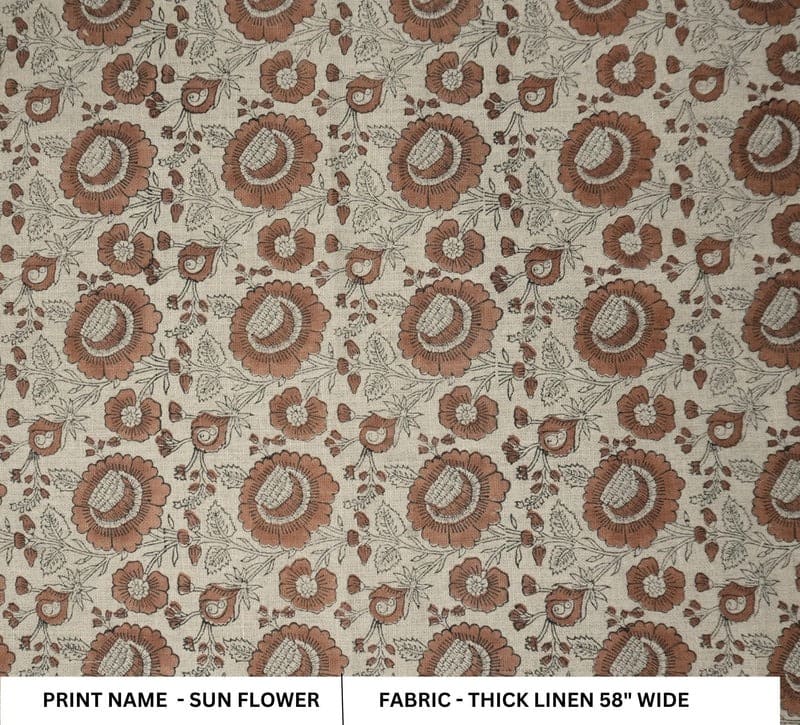 Block Print Brown Gray Floral Linen Fabric for Curtains – Sun Flower