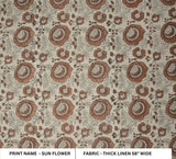 Block Print Brown Gray Floral Linen Fabric for Curtains – Sun Flower