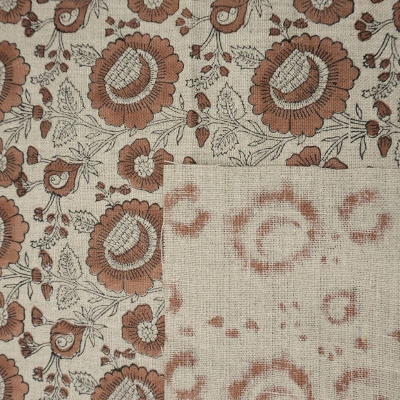 Block Print Brown Gray Floral Linen Fabric for Curtains – Sun Flower