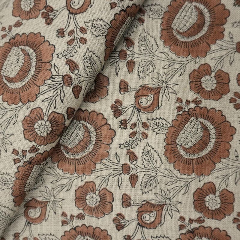 Block Print Brown Gray Floral Linen Fabric for Curtains – Sun Flower