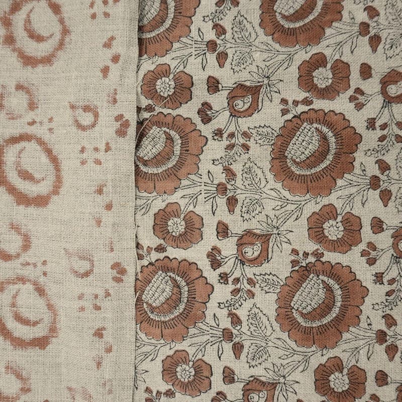 Block Print Brown Gray Floral Linen Fabric for Curtains – Sun Flower