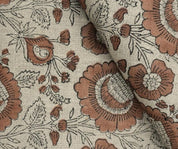 Block Print Brown Gray Floral Linen Fabric for Curtains – Sun Flower