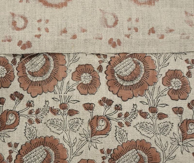 Block Print Brown Gray Floral Linen Fabric for Curtains – Sun Flower