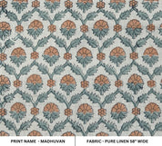 Block Print Brown Gray Floral Linen Fabric for Pillows - Madhuvan